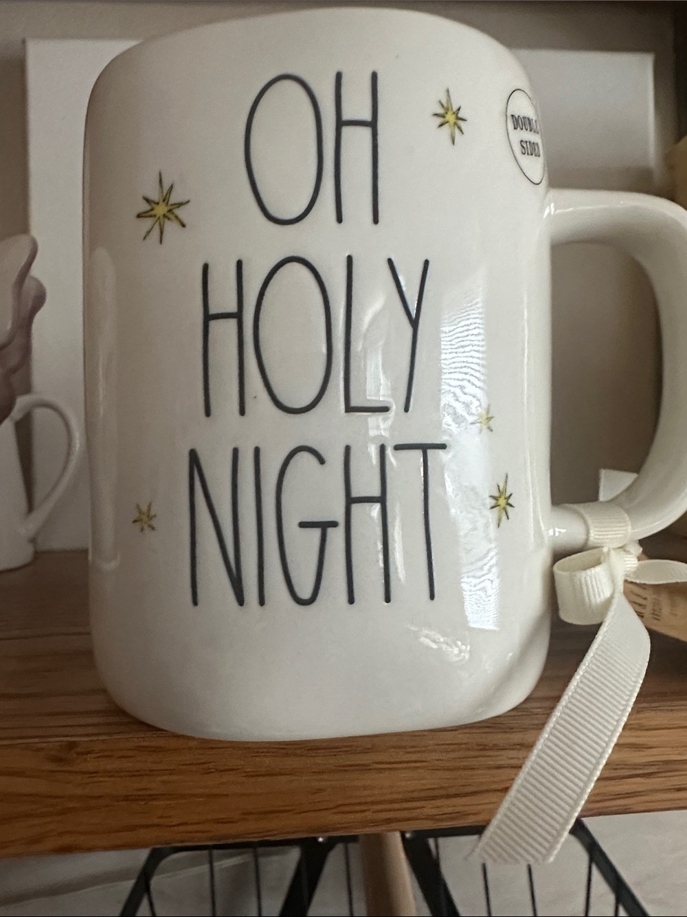 Rae Dunn Oh Holy Night Two Sided White Mug with Gold Stars and Church on Back